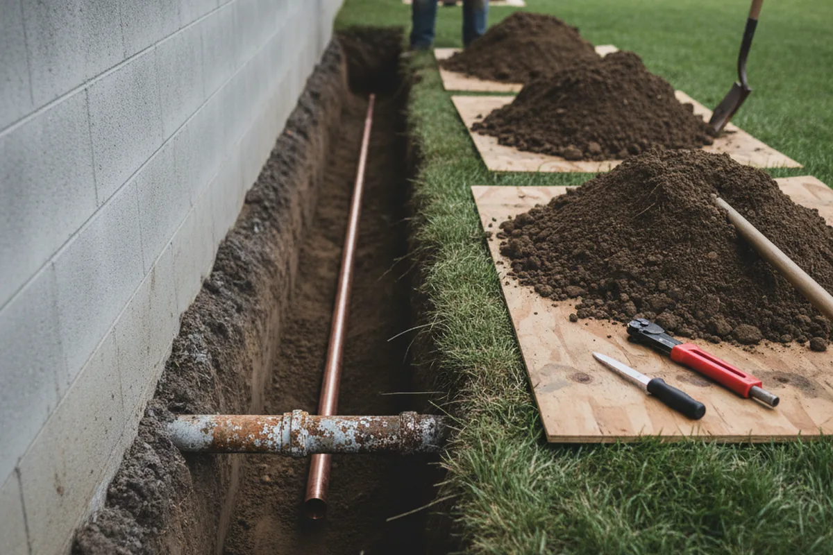 Excavated water line trench during Sewer Line Repair in Schwenksville